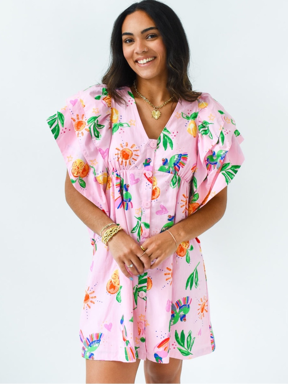 Karlie Toucan Fruit Ruffle Dress SZ S Cotton Pink